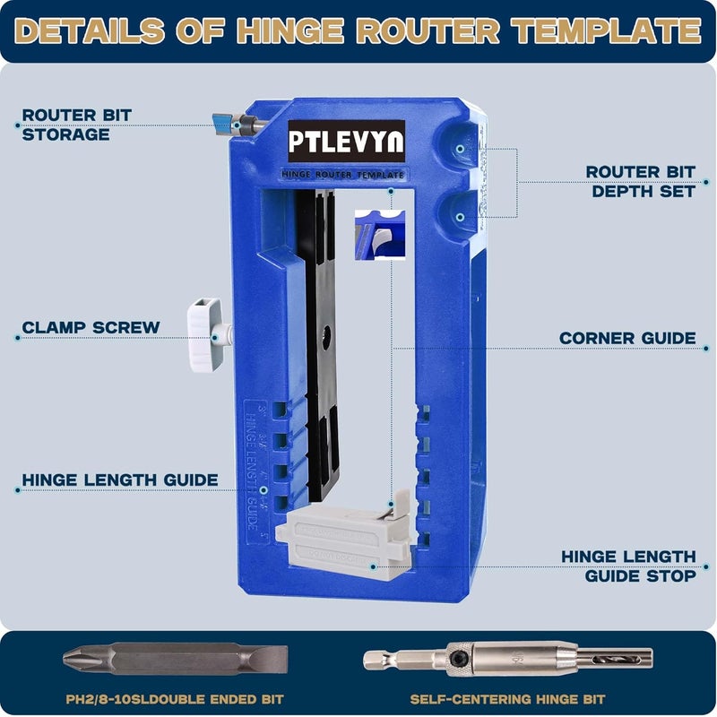 PTLEVYN Door Hinge Mounting Template Kit (Blue) for 3-5" Hinges 90° Positioning Fits 1/4" and 5/8" Door thicknesses Mortise Opener Included Clips Quick and Precise Installation of Woodworking Tools - Image 2